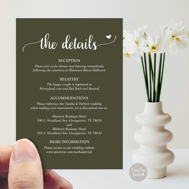 Detalles del boda, tarjeta de gabinete de guiones  (Wedding Details, Rustic Script Enclosure Card, in Olive Green)