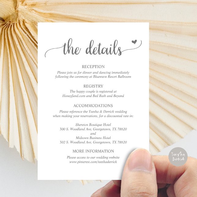 Detalles del boda, tarjeta de gabinete de guiones  (Wedding Details, Rustic Script Enclosure Card, in Dark Grey)
