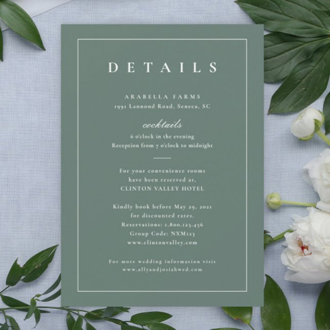 Detalles del Boda verde sabio clásico Insertar tar (Simple typography sage green wedding invitation details enclosure card.)