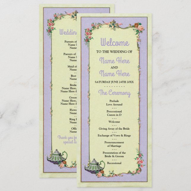 Detalles del programa de boda floral de Teapot en  (Anverso / Reverso)