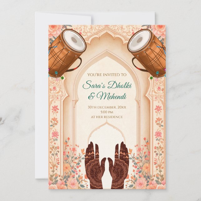 Dholki invita a las invitaciones de Mehndi, tarjet (Anverso)