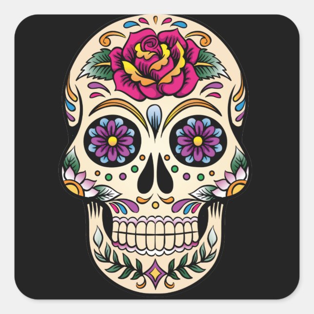 Día de la Calavera Azúcar Muerta con Rosa Pegatina (Anverso)