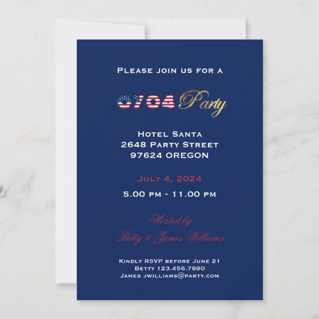 Día de la Independencia 4 de julio Invitación del  (Reverso)
