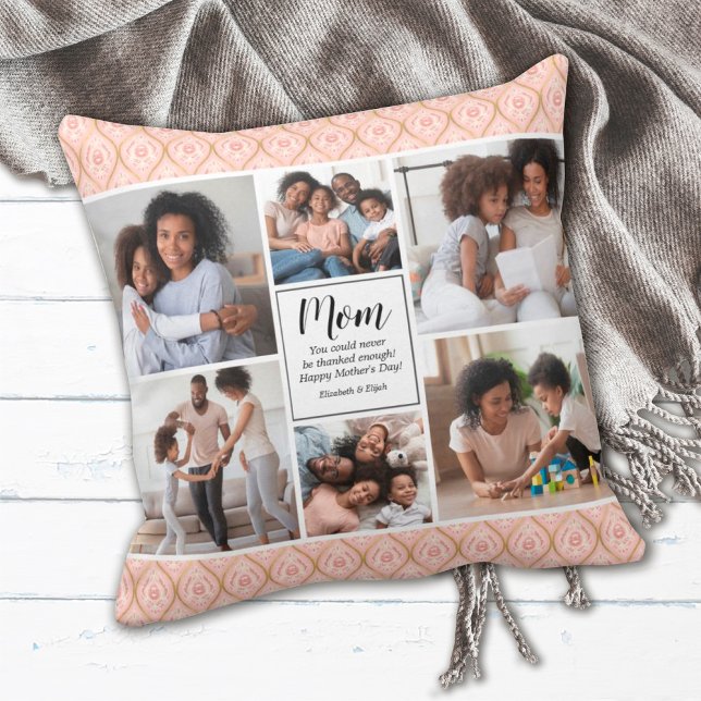 Día de la Madre 6 Cojín decorativo Keepsake Collag (A pretty pink 6 photo Mothers Day pillow. Personalize it with a short message.)