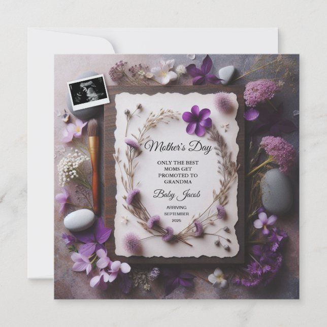 Día de la Madre Invitación de embarazo Tema morado (Anverso)