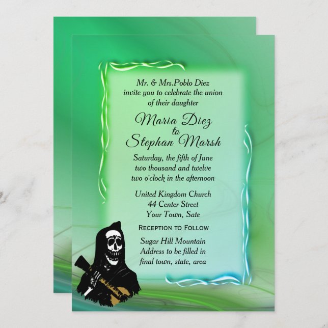 Día de la Muerte y Misty Invitación a la Boda Verd (Anverso / Reverso)