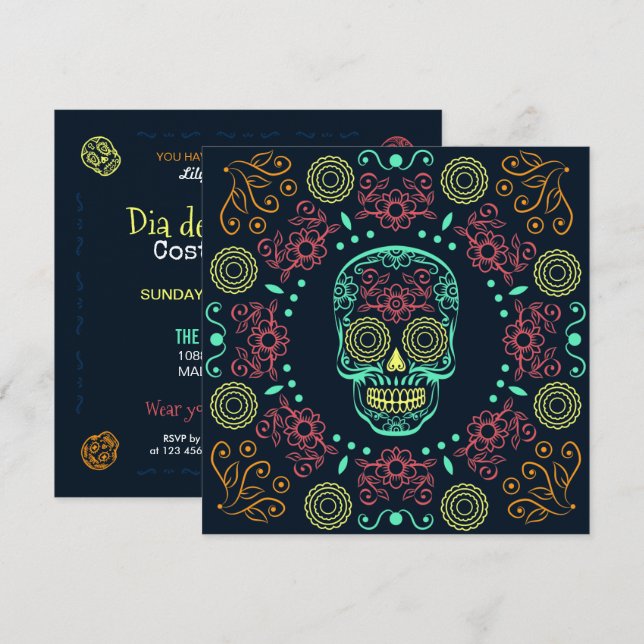 Dia de los Muertos Neon Floral Skull | Invitación (Anverso / Reverso)