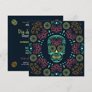 Dia de los Muertos Neon Floral Skull   Invitación