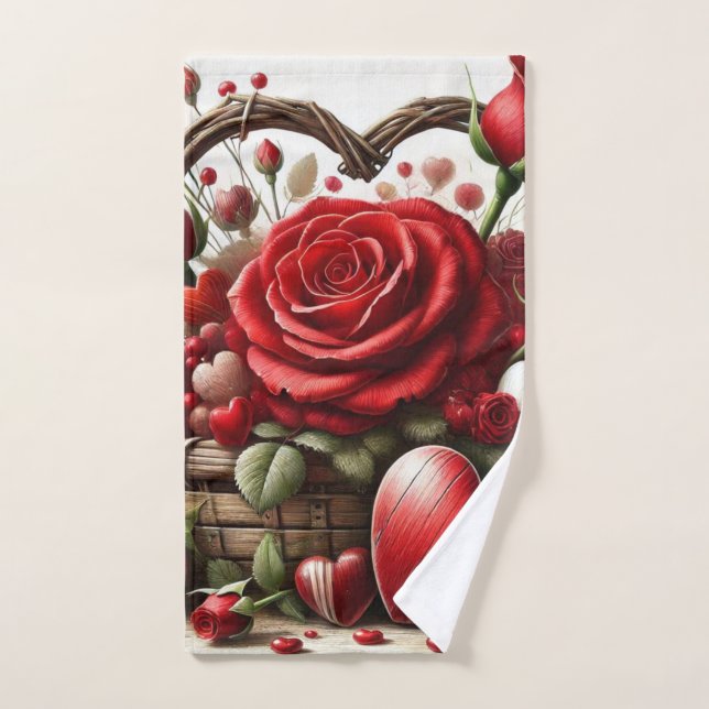 Día de San Valentín Rosa Roja y Corazones  (Toalla de mano)