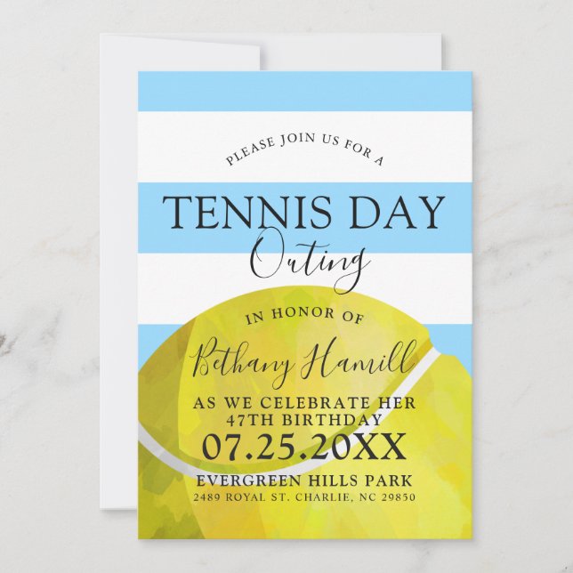 Día de tenis| Invitación azul temática de tenis (Anverso)