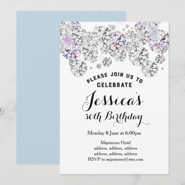 diamante BLANCO elegante, invitación de cumpleaños (Anverso / Reverso)