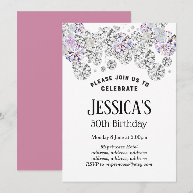 diamante BLANCO elegante, invitación de cumpleaños (Anverso / Reverso)