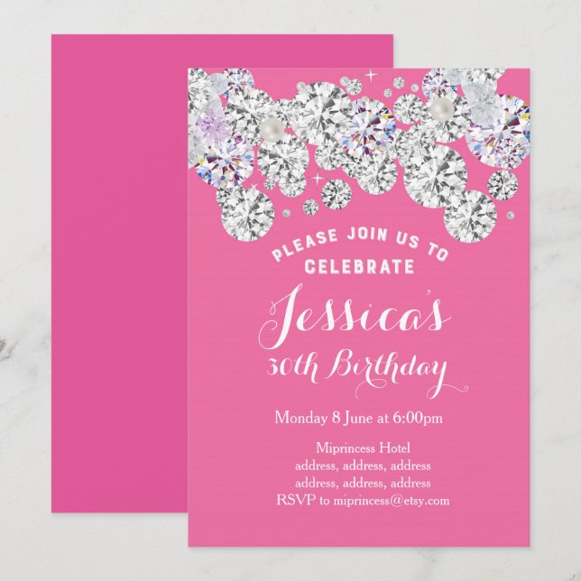 diamante elegante PINK, invitación al cumpleaños d (Anverso / Reverso)