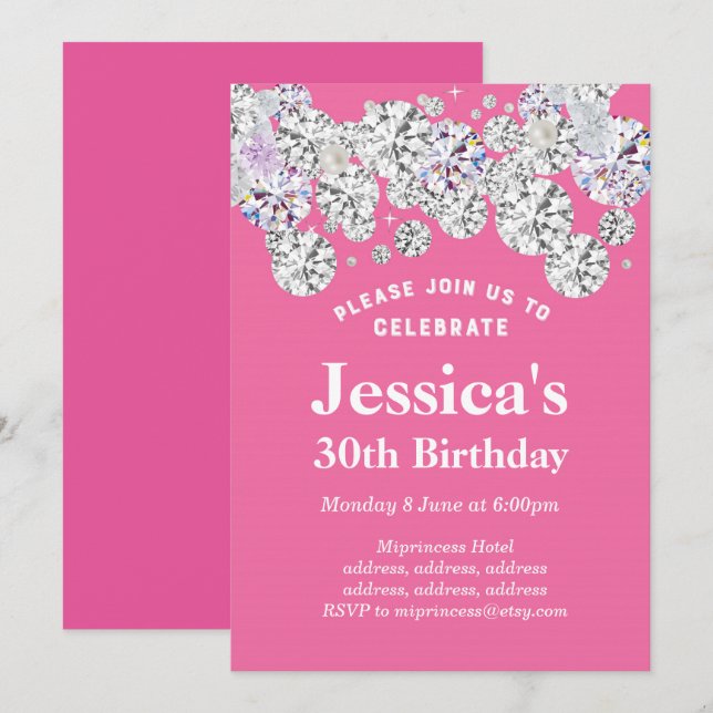 diamante elegante PINK, invitación al cumpleaños d (Anverso / Reverso)