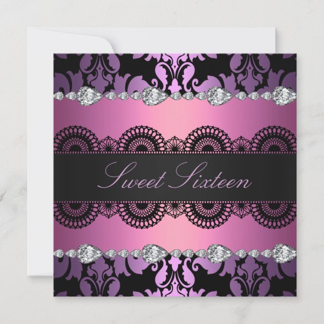 Diamante morado/dulce rosa16 Invitación de cumplea (Anverso)