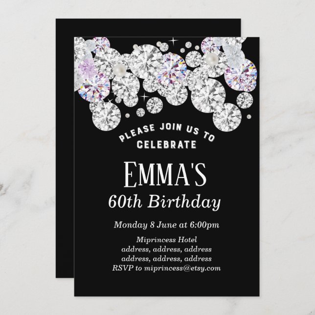 diamante negro elegante, invitación de cumpleaños  (Anverso / Reverso)