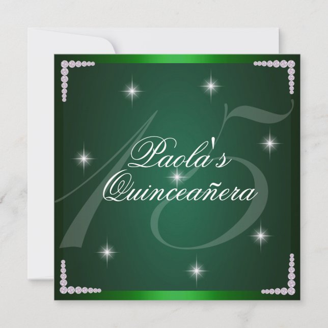 Diamante Verde Esparce Quinceañera Invitación (Anverso)