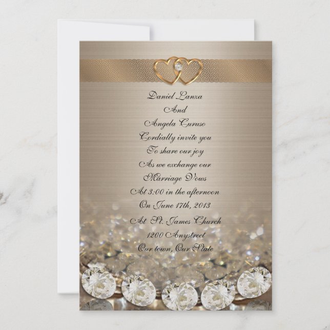 Diamantes de la invitación a la boda y satén dorad (Anverso)