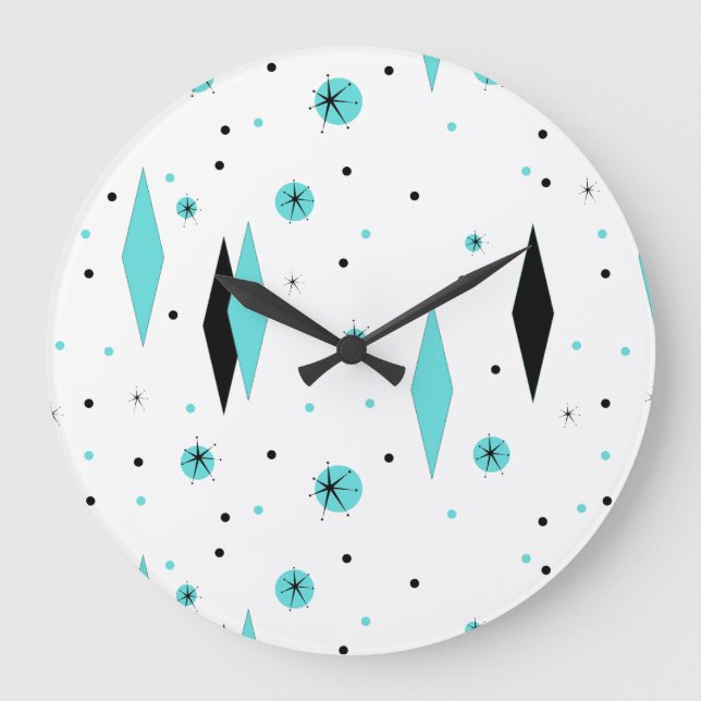 Diamantes turquesa retro y reloj de pared estelar (Anverso)