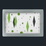 Diamantes verdes retro y hebilla del cinturón de e<br><div class="desc">Esta hebilla de cinturón de diamantes verdes retro y estribos es una nueva versión de un estilo vintage. Cuenta con estrellas kitsch, negras, sobre puntos de polka verde, con formas geométricas, verdes y de diamante negro. Personalizar el color de fondo de este producto moderno de mediados de siglo si te...</div>