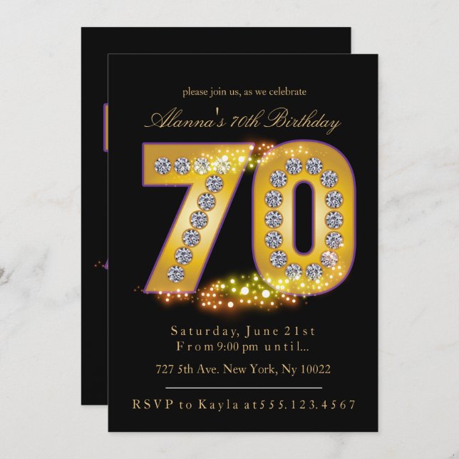 Diamantes y oro, 70 invitaciones de cumpleaños (Anverso / Reverso)