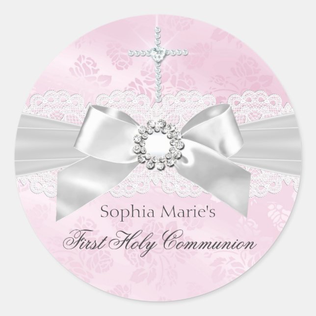 Diamond Bow Pink First Holy Communia Pegatina (Anverso)