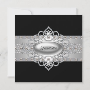 Diamonds Pearls invitaciones Black Quinceanera