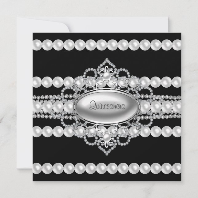 Diamonds Pearls invitaciones Black Quinceanera (Anverso)