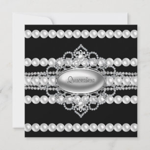 Diamonds Pearls invitaciones Black Quinceanera