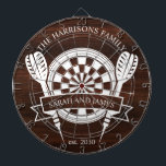 Diana Boda de nombres personalizados de familia de mader<br><div class="desc">El Rustic Wood Family Custom Name Boda Dart Board ofrece una encantadora y personalizada adición a su boda o decoración de casa. Diseñado con un fondo rústico de madera, este tablero se puede personalizar con el apellido de la pareja y la fecha boda, creando un toque único para los recién...</div>