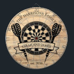 Diana Boda de nombres personalizados de familia de mader<br><div class="desc">El Rustic Wood Family Custom Name Boda Dart Board ofrece una encantadora y personalizada adición a su boda o decoración de casa. Diseñado con un fondo rústico de madera, este tablero se puede personalizar con el apellido de la pareja y la fecha boda, creando un toque único para los recién...</div>