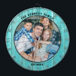 Diana Casa Rustic Blue Wood Beach Nombre de la familia F<br><div class="desc">Cartel personalizado para fiestas familiares en la casa de playa. Añada foto familiar,  apellido familiar y año de fundación al rústico tablero con fondo de madera azul costera.</div>