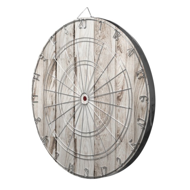 Diana Cuadros de madera clara (A dartboard made of light-colored wood, with a metal wire grid and a red bullseye.)