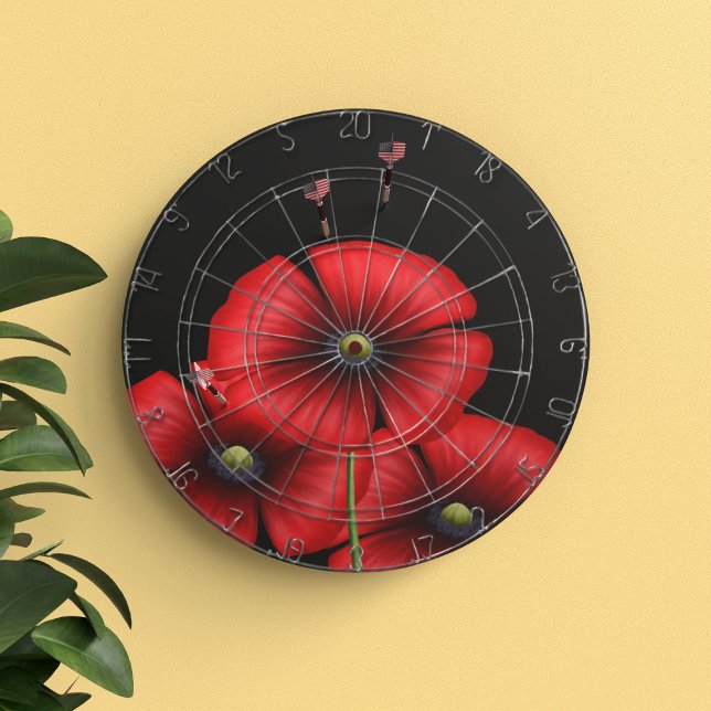 Diana Flores de amapola negras y rojas con dardos (Pop a dart or three into this red and black poppy dartboard)