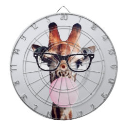 Diana Giraffe wearing glasses blowing a pink bubble gum