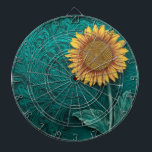 Diana Girasol amarillo con herramientas de cuero verde a<br><div class="desc">Un girasol vibrante con una cara pétalo amarillo brillante y un centro marrón circular. El girasol se coloca en el lado derecho de la imagen. Alrededor del girasol hay un diseño detallado y ornamentado con un fondo turquesa. Este diseño se compone de torbellinos y patrones intrincados que se asemejan a...</div>