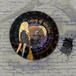 Diana Halloween Witch Birday Black Dart Board<br><div class="desc">¿Es tu cumpleaños en octubre? ¿Quieres jugar? ¿Qué tal una JUNTA DART de cumpleaños de Halloween? Este es un gran diseño con una bruja de Halloween con un vestido negro haciendo un brebaje, con un árbol, una lechuza lunar y araña violeta gateando en el fondo. Todo el texto es personalizable....</div>