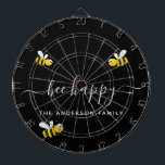 Diana Monograma negro de abejas con burbujas felices de<br><div class="desc">Decorada con abejas alegres,  sonrientes,  amarillas y negras. Un fondo negro. Guión con letras a mano blanca y texto: Abeja Feliz.  Personaliza y agrega tu apellido.</div>