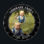 Diana Nombre de familia dos salas de juego de fotos<br><div class="desc">Fondo coloreado con nombre personalizado y dos opciones de foto en el centro de la placa. Otros colores disponibles en la tienda.</div>