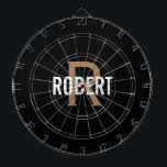 Diana Nombre de monograma de oro negro moderno<br><div class="desc">tablero de dardos negro moderno con nombre blanco y monograma dorado. Personaliza con el nombre y la inicial.</div>