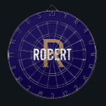 Diana Nombre moderno de monograma de oro azul oscuro<br><div class="desc">tablero moderno de dardos azul oscuro con nombre blanco y monograma dorado. Personaliza con el nombre y la inicial.</div>