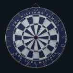 Diana Personalizado de color azul de la Marina Faux Plat<br><div class="desc">Un diseño clásico de tablero de dartboard con triángulos de Relieve metalizado color azul marino y plateado falso. Arriba y abajo están el nombre y un mensaje como texto arcaico,  en mayúsculas grises.</div>