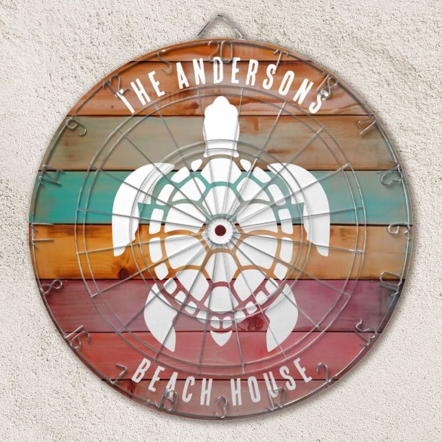 Diana Personalizado Nombre Familia Rustic Beach House Da (a beach design with a turtle on a distressed colored wood background)