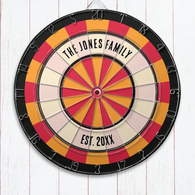 Diana Personalized Retro Red and Orange Dartboard (A dartboard with red and yellow design, with custom family name and optional 'established' year)