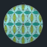Diana Placa de destilación de orificios atómicos y estal<br><div class="desc">¡Oh, cielos! ¡Es una Junta de Arte de Ogeo Atómica y Starbursts! Es una visión moderna de un patrón clásico (una toma moderna de mediados de siglo, para ser exactos). Este diseño presenta un fondo acuático con formas ovaladas verde azuladas y verdes sobre líneas negras verticales de diamantes atómicos y...</div>