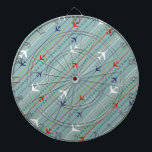 Diana Placa de dibujo del patrón de avión retro<br><div class="desc">Abróchense el cinturón de seguridad. Esta placa de dibujo del patrón de avión retro está lista para el despegue. El diseño presenta líneas de aviones rojos, azules reales y blancos modernos de mediados de siglo que sobrevuelan un fondo azul de acero. Delgadas rayas de naranja, verde limón y gris, así...</div>