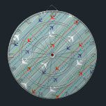 Diana Placa de dibujo del patrón de avión retro<br><div class="desc">Abróchense el cinturón de seguridad. Esta placa de dibujo del patrón de avión retro está lista para el despegue. El diseño presenta líneas de aviones rojos, azules reales y blancos modernos de mediados de siglo que sobrevuelan un fondo azul de acero. Delgadas rayas de naranja, verde limón y gris, así...</div>