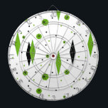 Diana Placa Retro Green Diamonts & Starbursts Dart<br><div class="desc">Este personalizable retro Green Diamonds and Starbursts Dart Board es una nueva versión de un estilo vintage. Cuenta con estrellas kitsch, negras, sobre puntos de polka verde, con formas geométricas, verdes y de diamante negro. Personalizar el color de fondo de este producto moderno de mediados de siglo si te sientes...</div>