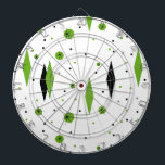 Diana Placa Retro Green Diamonts & Starbursts Dart<br><div class="desc">Este personalizable retro Green Diamonds and Starbursts Dart Board es una nueva versión de un estilo vintage. Cuenta con estrellas kitsch, negras, sobre puntos de polka verde, con formas geométricas, verdes y de diamante negro. Personalizar el color de fondo de este producto moderno de mediados de siglo si te sientes...</div>