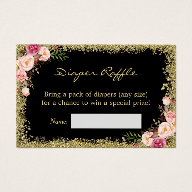 Diaper Raffle Card Black Gold Purpurina Floral ros (Anverso)